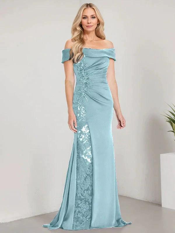 A-Line Off the Shoulder Floor-Length Mother of the Bride Dress Applique Beadings Mermaid Dress With High Split by Dreamylily