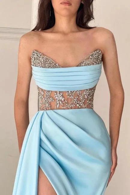 Sky Blue Floor-Length Split Front Strapless Sleeveless Stain Prom Dresses with Ruffles by misshow.com