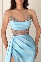 Sky Blue Floor-Length Split Front Strapless Sleeveless Stain Prom Dresses with Ruffles by misshow.com