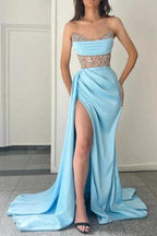 Sky Blue Floor-Length Split Front Strapless Sleeveless Stain Prom Dresses with Ruffles by misshow.com