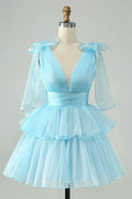 V Neck Pleated Tiered Short Homecoming Dress SYH109 by vivymakudress