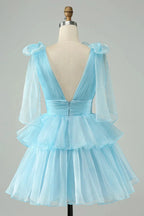 V Neck Pleated Tiered Short Homecoming Dress SYH109 by vivymakudress