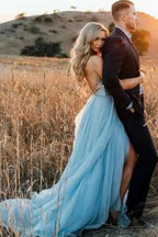 Sky Blue Flowy Prom Dresses Evening Party Gown SYP38 by vivymakudress