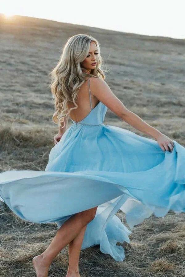Sky Blue Rustic Thigh Split Beach Wedding Gown with Court Train,MW281 by Musebridals