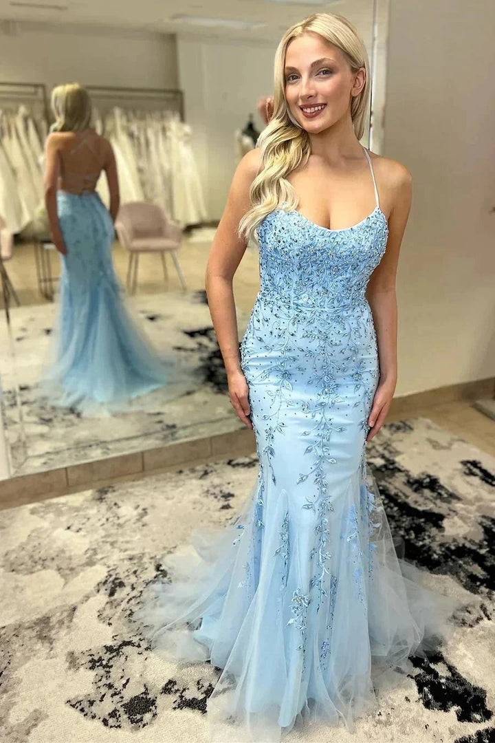 Sky Blue Trumpet Spaghetti Straps With Lace Long Prom Dresses PSK462 by pgmdress