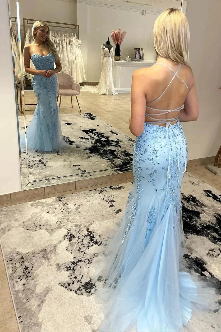Sky Blue Trumpet Spaghetti Straps With Lace Long Prom Dresses PSK462 by pgmdress