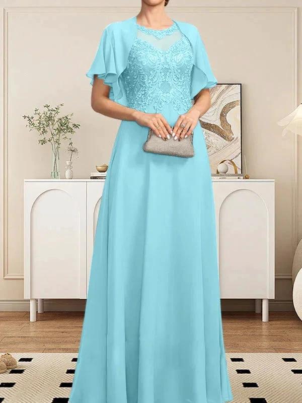 A-line Scoop Illusion Floor-Length Lace Chiffon Mother of the Bride Dress With Sequins by Dreamylily