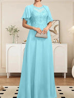 A-line Scoop Illusion Floor-Length Lace Chiffon Mother of the Bride Dress With Sequins by Dreamylily