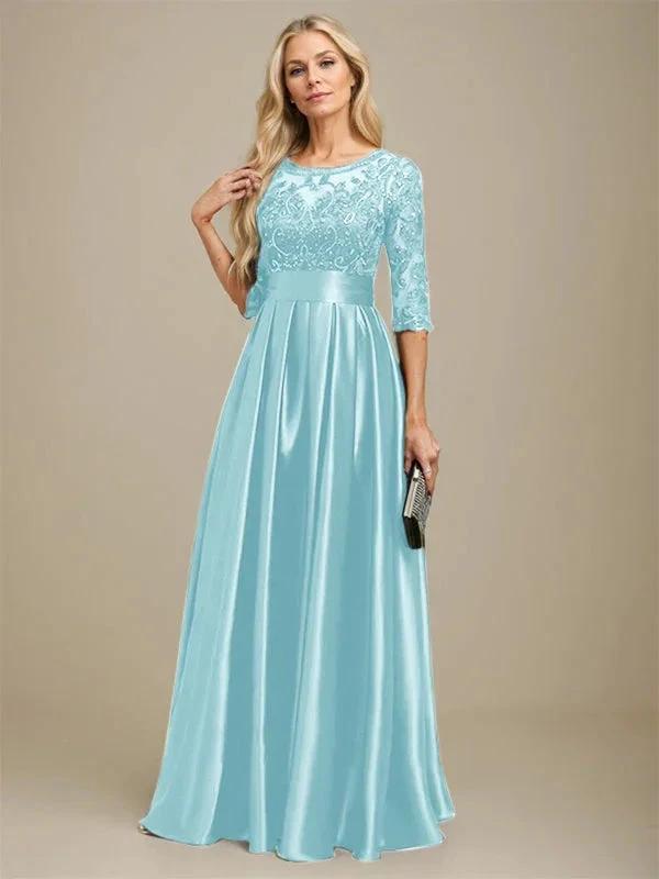 A-line Scoop Illusion Floor-Length Stretch Satin Lace Mother of the Bride Dress With Bow Sequins by Dreamylily