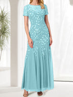 Blue Mermaid Round Neck Long Mother of the Bride Dress With Beadings