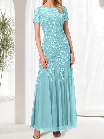 Vestido largo de sirena azul con cuello redondo para madre de la novia con cuentas