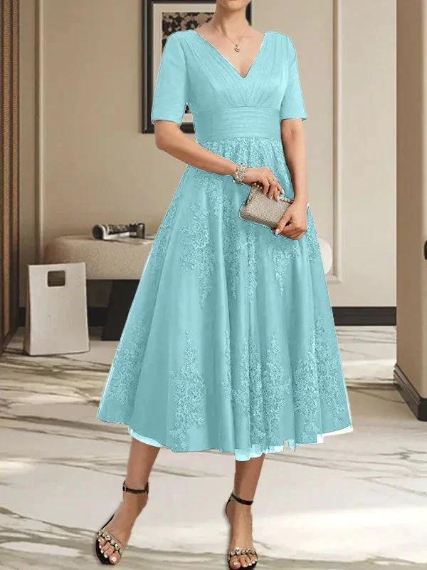 A-line V-Neck Tea-Length Tulle Lace Mother of the Bride Dress With Pleated by Dreamylily