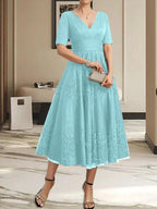 A-line V-Neck Tea-Length Tulle Lace Mother of the Bride Dress With Pleated by Dreamylily