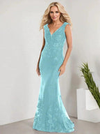 A-line V-Neck Floor-Length Lace Chiffon Mother of the Bride Dress With Applique Sequins Mermaid Dresses by Dreamylily