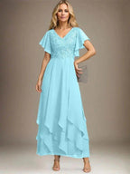 A-line V-Neck Ankle-Length Lace Chiffon Mother of the Bride Dress With Cascading Ruffles by Dreamylily