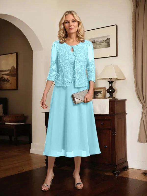 A-line Scoop Tea-Length Lace Chiffon Mother of the Bride Dress With Sequins by Dreamylily