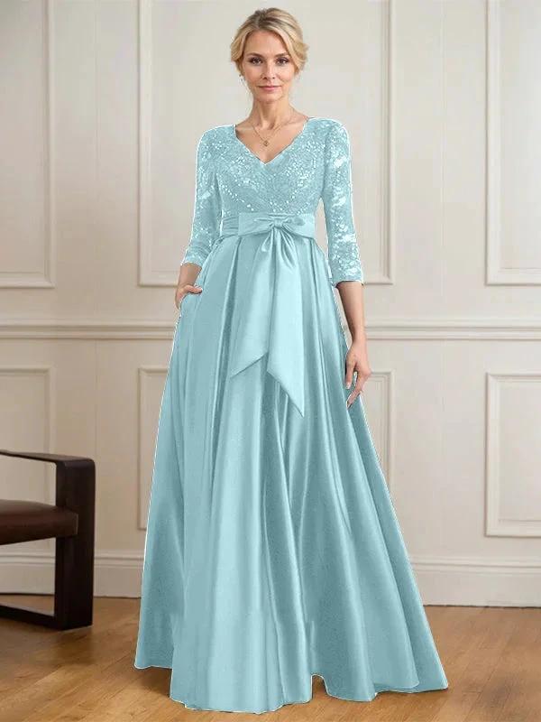 A-line V-Neck Floor-Length Satin Lace Mother of the Bride Dress With Sequins Bow by Dreamylily