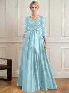A-line V-Neck Floor-Length Satin Lace Mother of the Bride Dress With Sequins Bow by Dreamylily