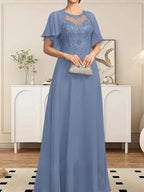 A-line Scoop Illusion Floor-Length Lace Chiffon Mother of the Bride Dress With Sequins by Dreamylily
