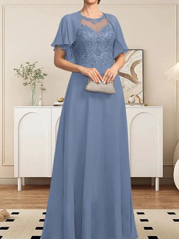 A-line Scoop Illusion Floor-Length Lace Chiffon Mother of the Bride Dress With Sequins by Dreamylily