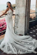 Sleeveless V-Neck Tulle Floor-Length Wedding Dress Lace by misshow.com