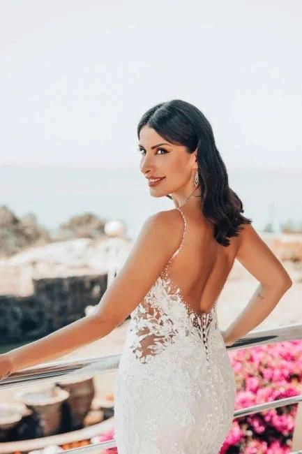 Sleeveless V-Neck Tulle Floor-Length Wedding Dress Lace by misshow.com