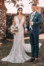 Sleeveless V-Neck Tulle Floor-Length Wedding Dress Lace by misshow.com