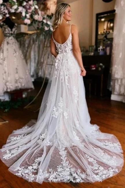 Sleeveless V-neck Straps Sexy Split Court Train Wedding Dress by misshow.com