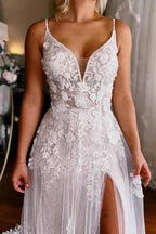 Sleeveless V-neck Straps Sexy Split Court Train Wedding Dress by misshow.com