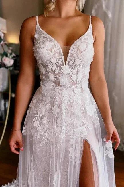 Sleeveless V-neck Straps Sexy Split Court Train Wedding Dress by misshow.com