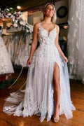 Sleeveless V-neck Straps Sexy Split Court Train Wedding Dress by misshow.com