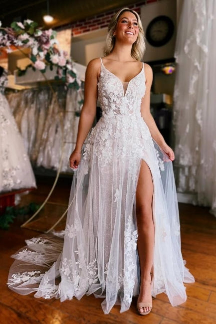 Sleeveless V-neck Straps Sexy Split Court Train Wedding Dress Hover Image