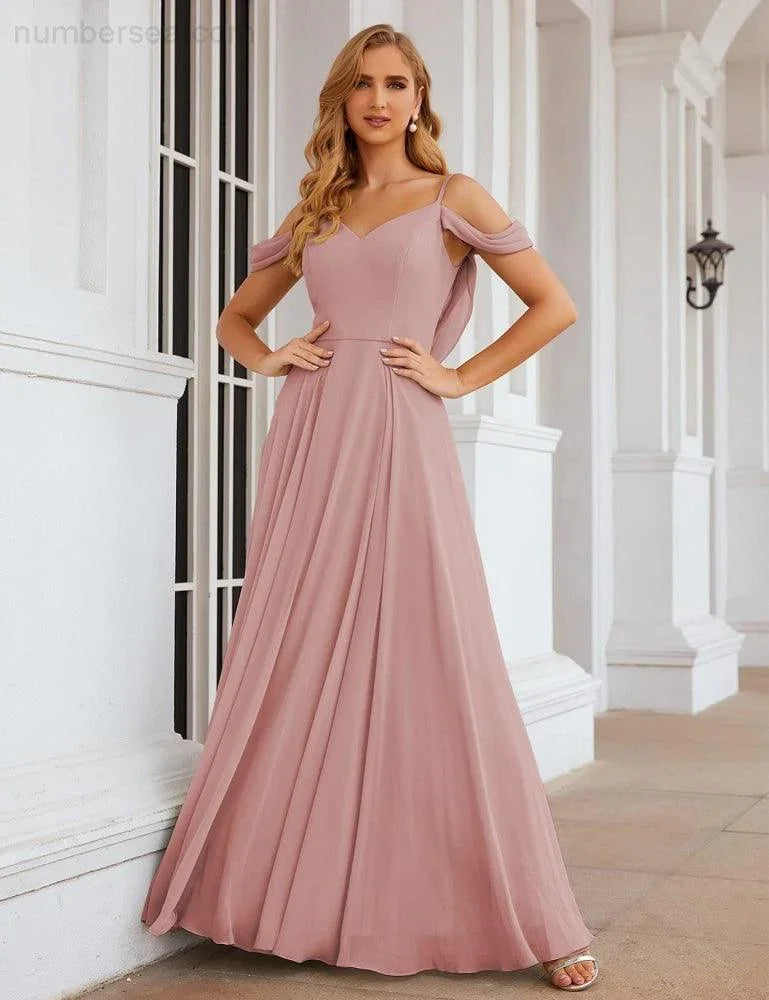 Abiti da damigella d'onore in chiffon con spalle scoperte Numbersea, lunghi maxi formali per ballo e festa per donne SEA28059