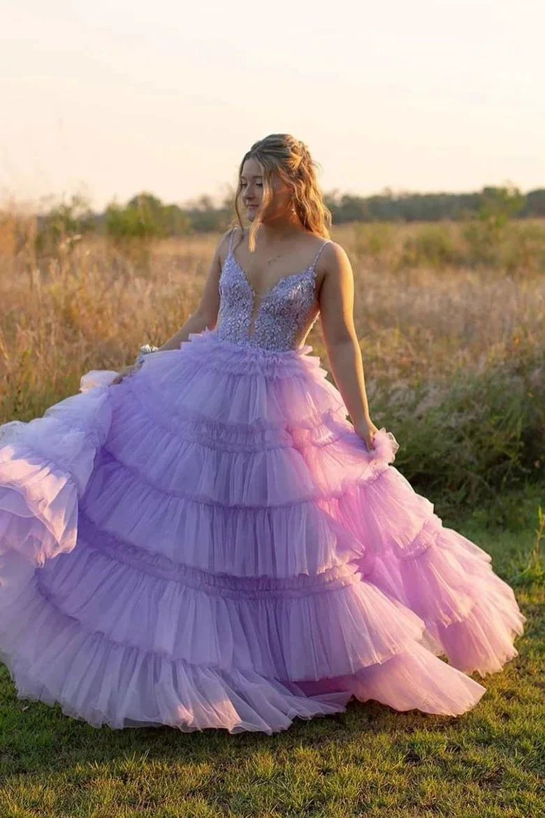 Hadlee | Black Beaded Spaghetti Strap Ruffle Tiered Ball Gown by KissProm