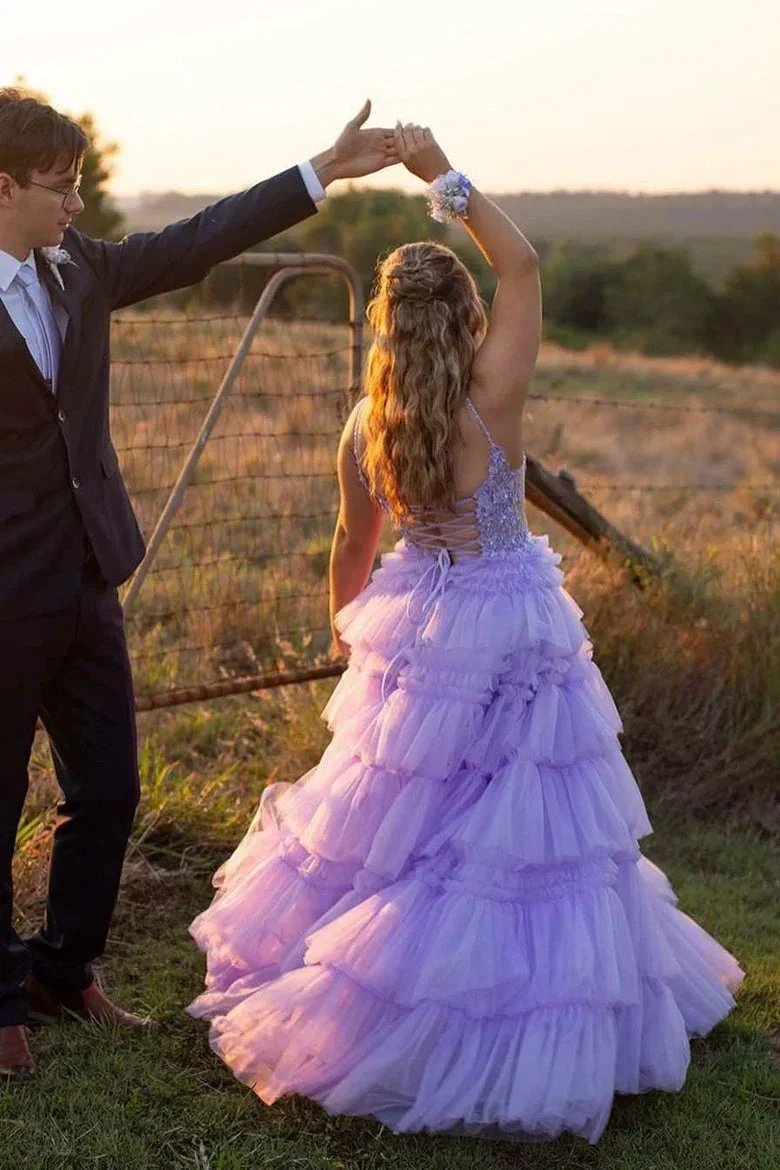 Hadlee | Black Beaded Spaghetti Strap Ruffle Tiered Ball Gown by KissProm