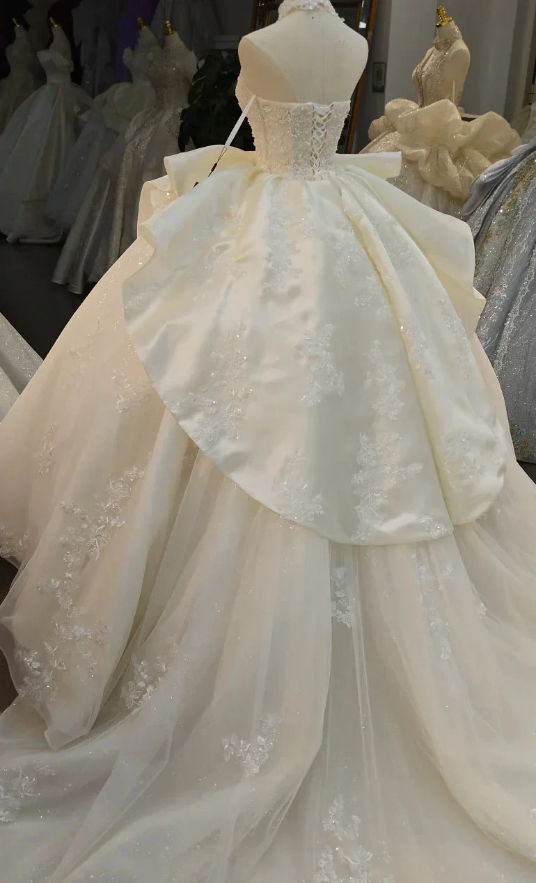Ivory Lace Strapless Ballgown Choker Collar & Bow Skirt by ZAPDRESS