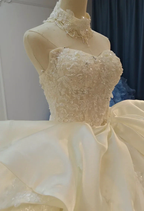 Ivory Lace Strapless Ballgown Choker Collar & Bow Skirt by ZAPDRESS