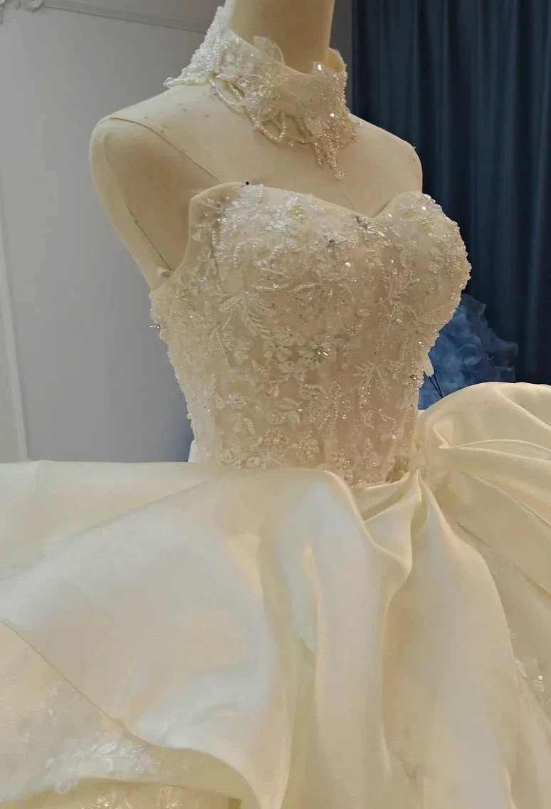 Ivory Lace Strapless Ballgown Choker Collar & Bow Skirt by ZAPDRESS
