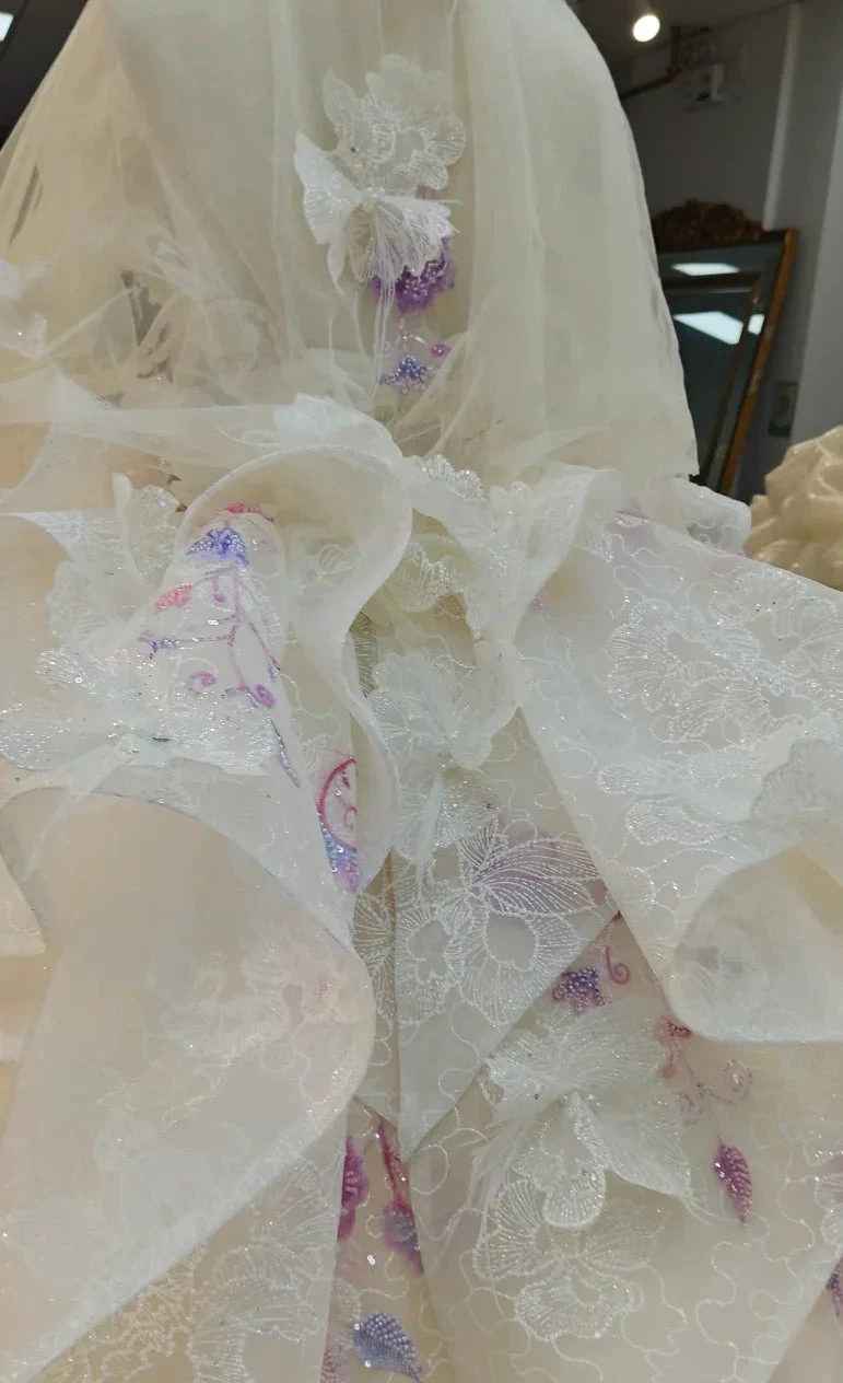 Blush Floral Strapless Ballgown Embroidered Skirt & Tulle Cape by ZAPDRESS