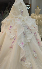 Blush Floral Strapless Ballgown Embroidered Skirt & Tulle Cape by ZAPDRESS