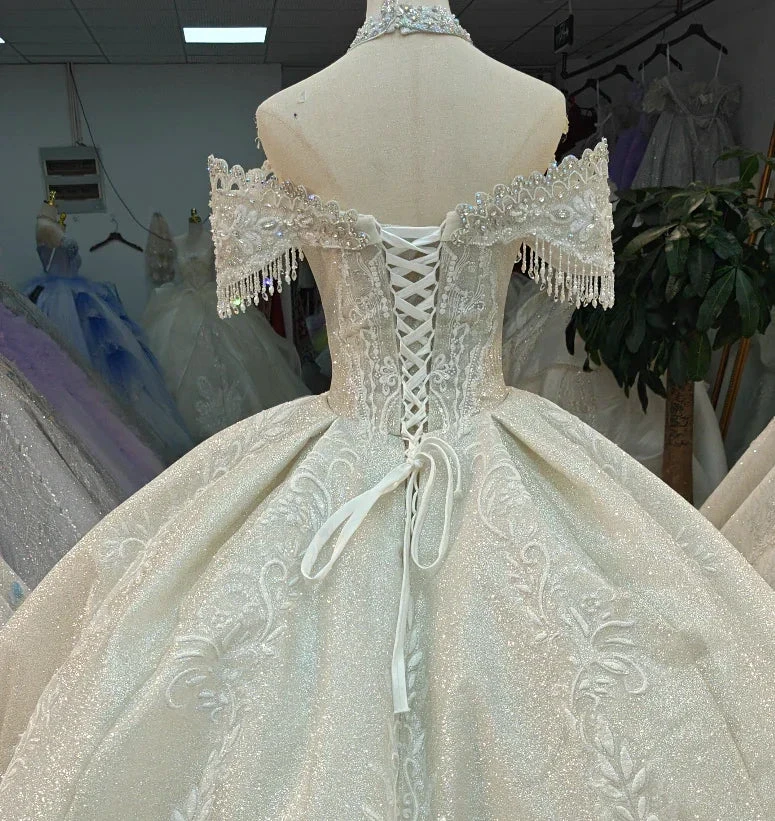 Champagne Glimmer Off-Shoulder Ballgown Crystal Fringe Bust & Embroidered Train by ZAPDRESS