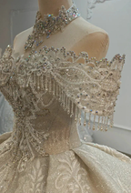 Champagne Glimmer Off-Shoulder Ballgown Crystal Fringe Bust & Embroidered Train by ZAPDRESS