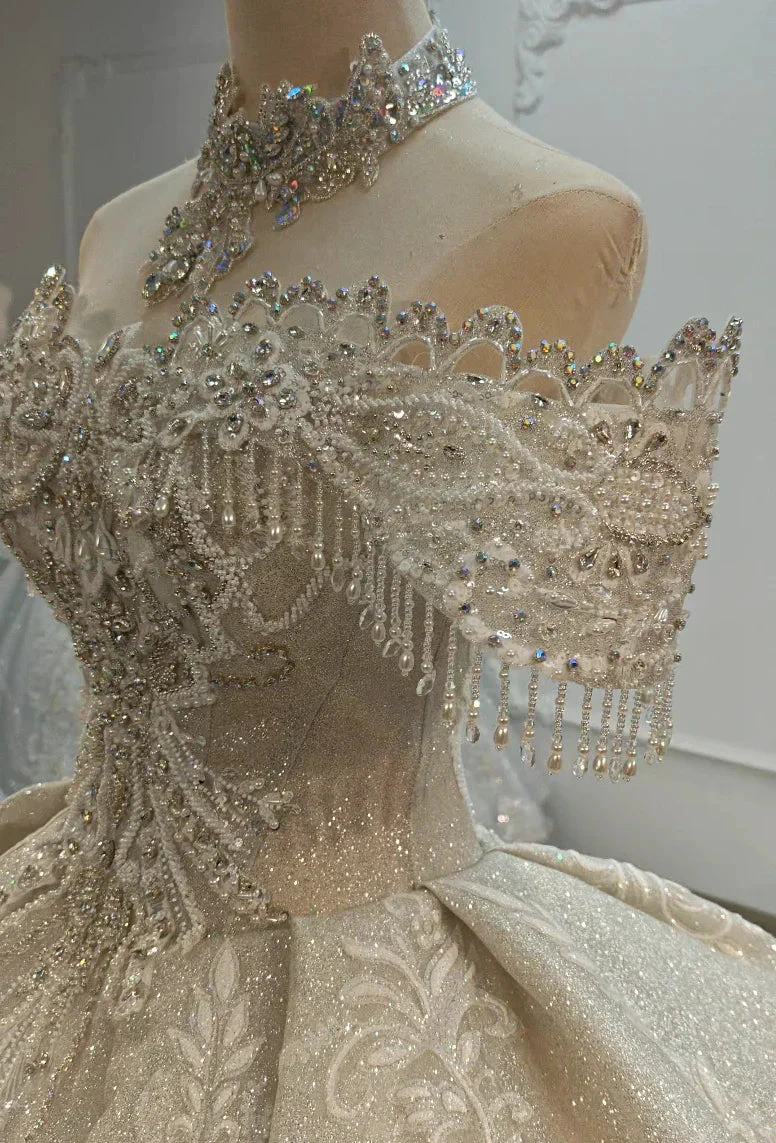 Champagne Glimmer Off-Shoulder Ballgown Crystal Fringe Bust & Embroidered Train by ZAPDRESS