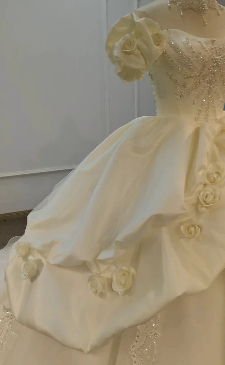 Ivory Rose Off-Shoulder Ballgown Beaded Bust & 3D Flower Skirt by ZAPDRESS