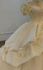 Ivory Rose Off-Shoulder Ballgown Beaded Bust & 3D Flower Skirt by ZAPDRESS