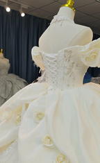 Ivory Rose Off-Shoulder Ballgown Beaded Bust & 3D Flower Skirt by ZAPDRESS