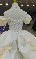 Ivory Rose Off-Shoulder Ballgown Beaded Bust & 3D Flower Skirt by ZAPDRESS
