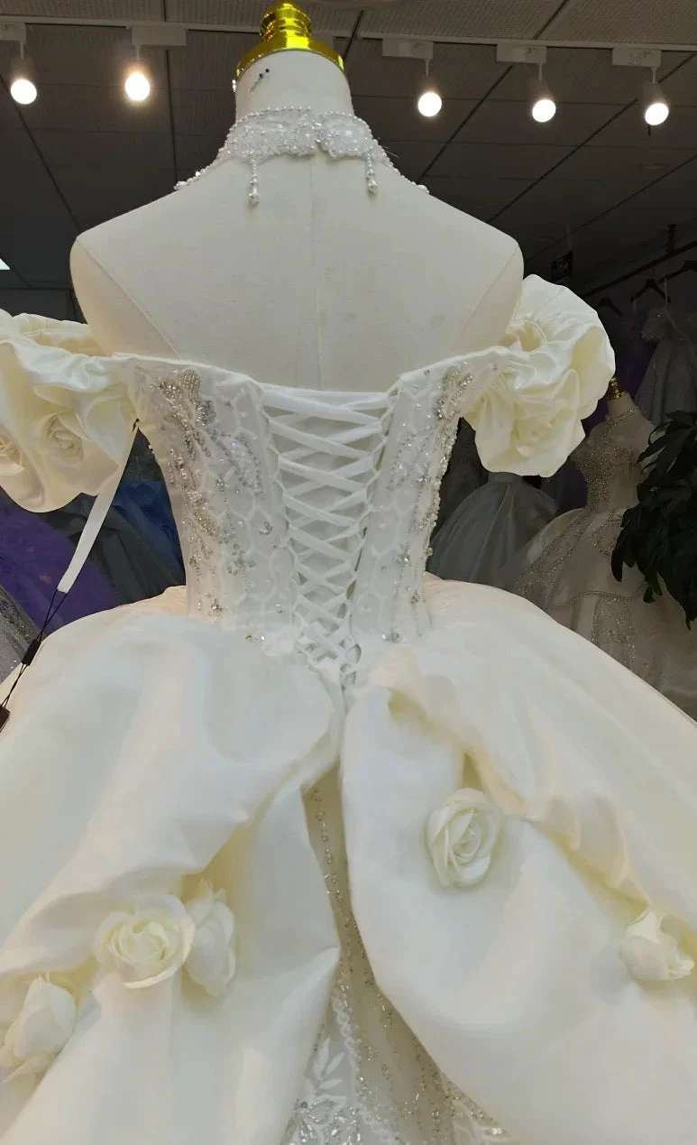 Ivory Rose Off-Shoulder Ballgown Beaded Bust & 3D Flower Skirt by ZAPDRESS
