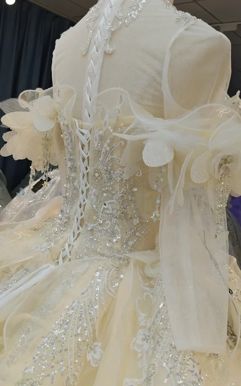 Cream Shimmer Off-Shoulder Ballgown Crystal-Embroidered Skirt & Fringed Collar by ZAPDRESS