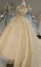 Cream Shimmer Off-Shoulder Ballgown Crystal-Embroidered Skirt & Fringed Collar by ZAPDRESS